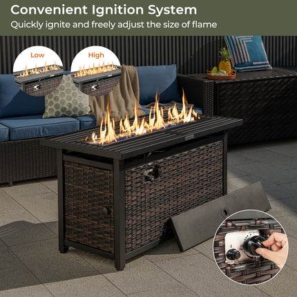 45 Inch Propane Rattan Firepit Table with Glass Stones and Protective Cover-Mixed Brown