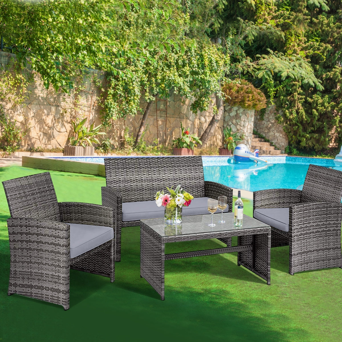 Ensemble de mobilier de patio en rotin 4 pièces avec table en verre et causeuse - Gris