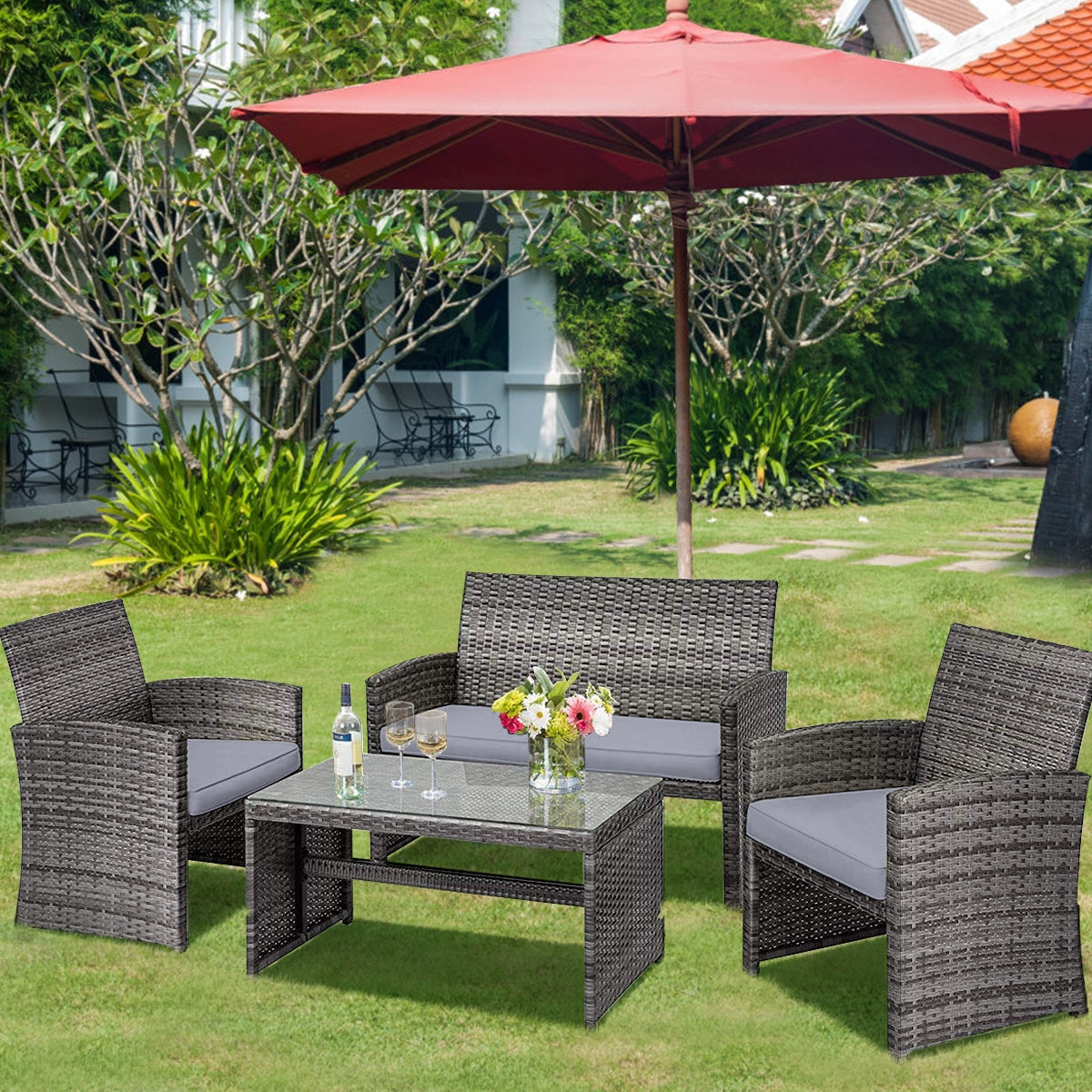 Ensemble de mobilier de patio en rotin 4 pièces avec table en verre et causeuse - Gris