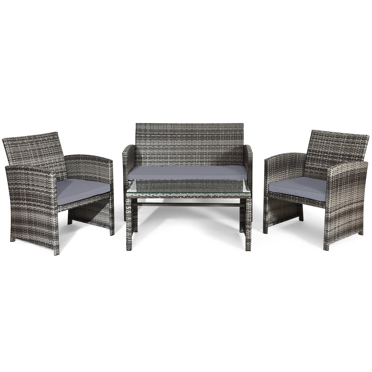 Ensemble de mobilier de patio en rotin 4 pièces avec table en verre et causeuse - Gris