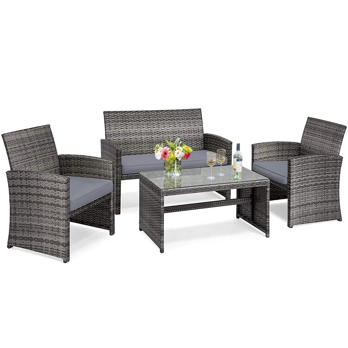 Ensemble de mobilier de patio en rotin 4 pièces avec table en verre et causeuse - Gris