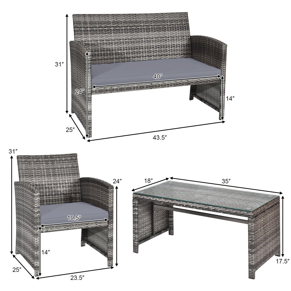 Ensemble de mobilier de patio en rotin 4 pièces avec table en verre et causeuse - Gris