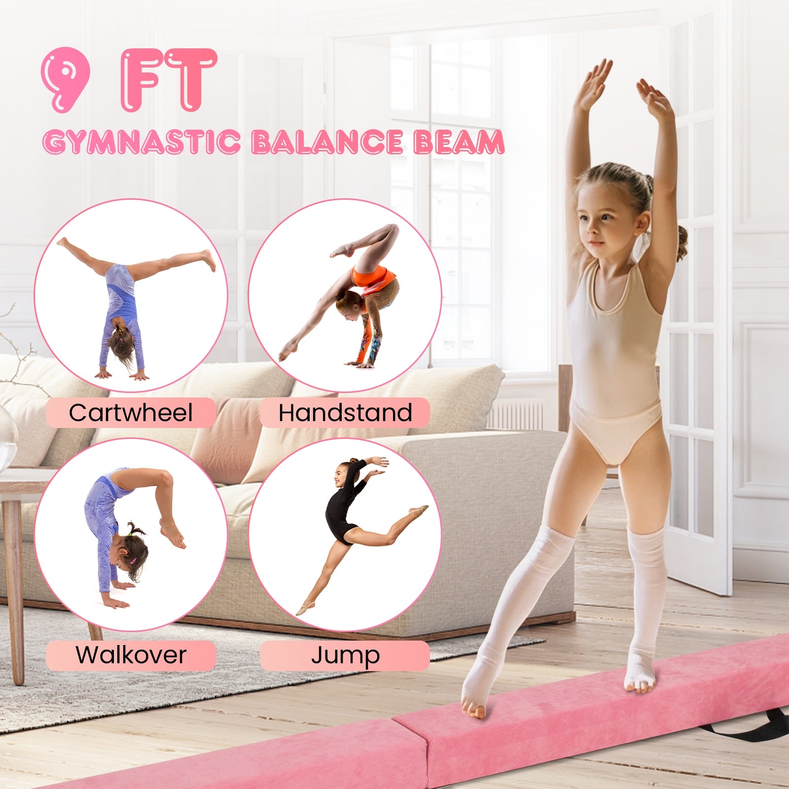 9 FT Folding Gymnastics Balance Beam with Anti-slip Base and Pine Wood Frame-Pink