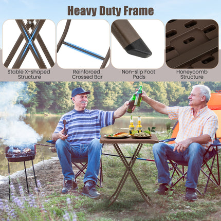 Folding Picnic Table with Rattan Grain HDPE Tabletop and Sturdy Metal Fame-Coffee