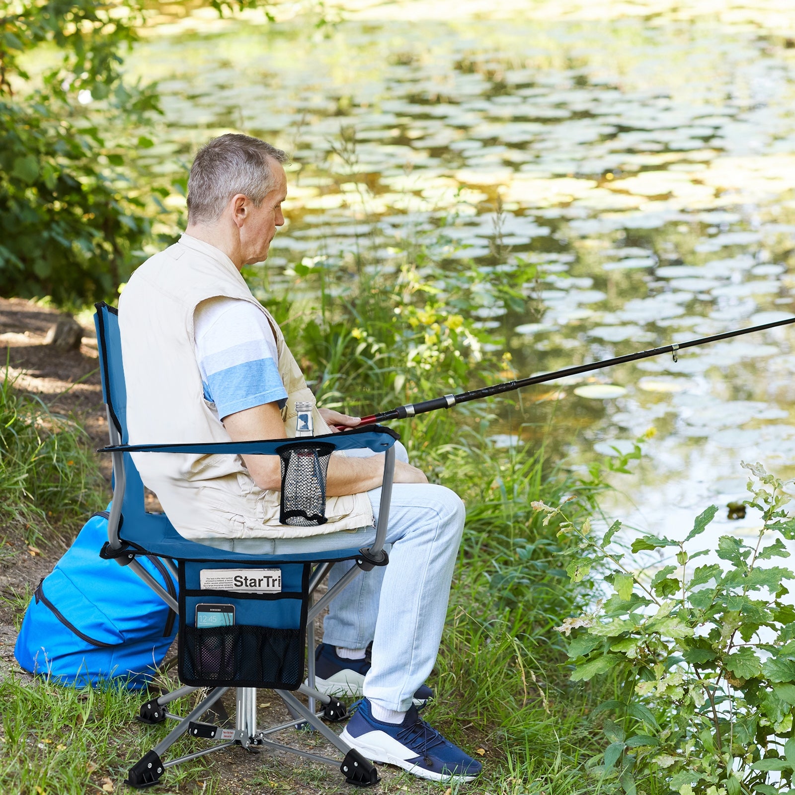 360° Swivel Hunting Chair Portable Foldable Hunting Chair with Mesh Cup Holder and Storage Pockets-Blue
