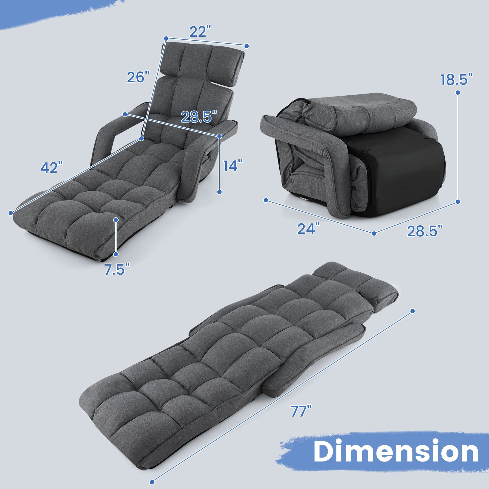 6-Position Adjustable Floor Chair with Adjustable Armrests and Footrest-Dark Gray