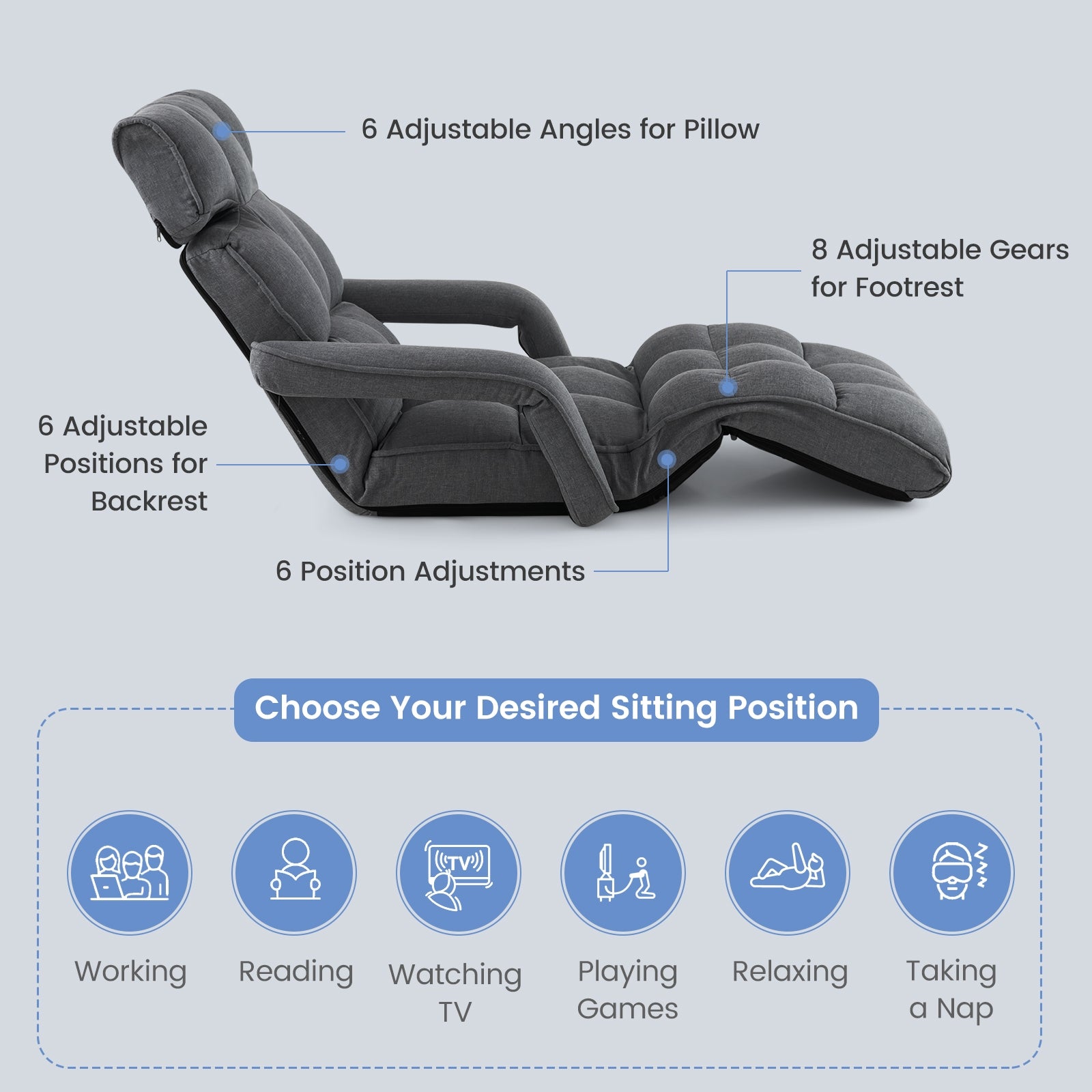 6-Position Adjustable Floor Chair with Adjustable Armrests and Footrest-Dark Gray