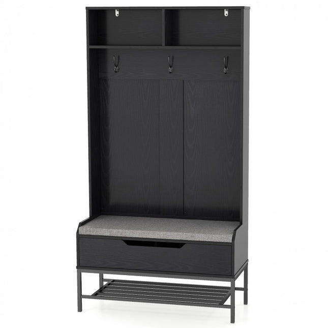 69 Inches Tall Hall Tree 4-in-1 Coat Rack with Seat Cushion and Shoe Storage-Black