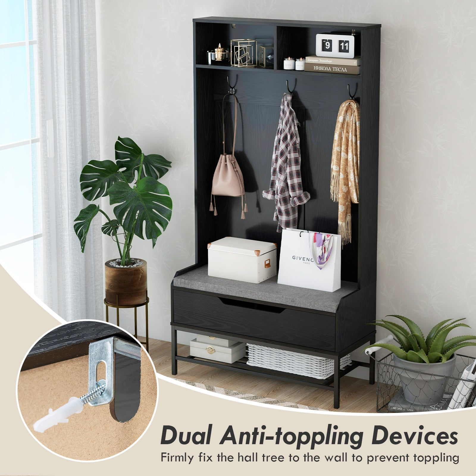 69 Inches Tall Hall Tree 4-in-1 Coat Rack with Seat Cushion and Shoe Storage-Black