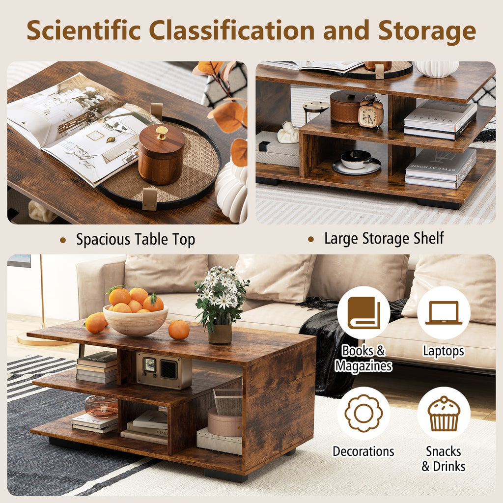 Rectangular Coffee Table with L-shaped Middle Shelf-Brown