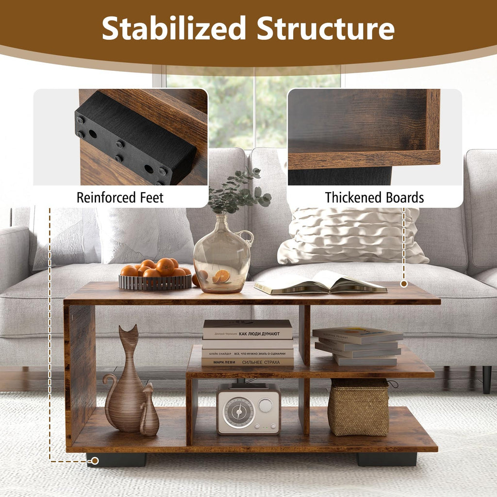 Rectangular Coffee Table with L-shaped Middle Shelf-Brown