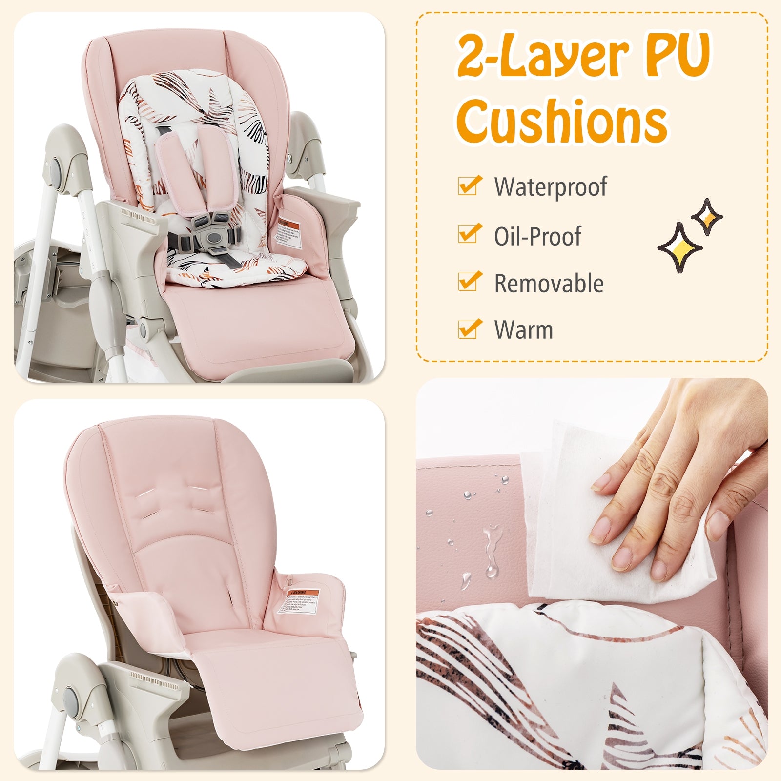 Multifunctional Folding Baby High Chair with Rolling Wheels and Adjustable Height-Pink