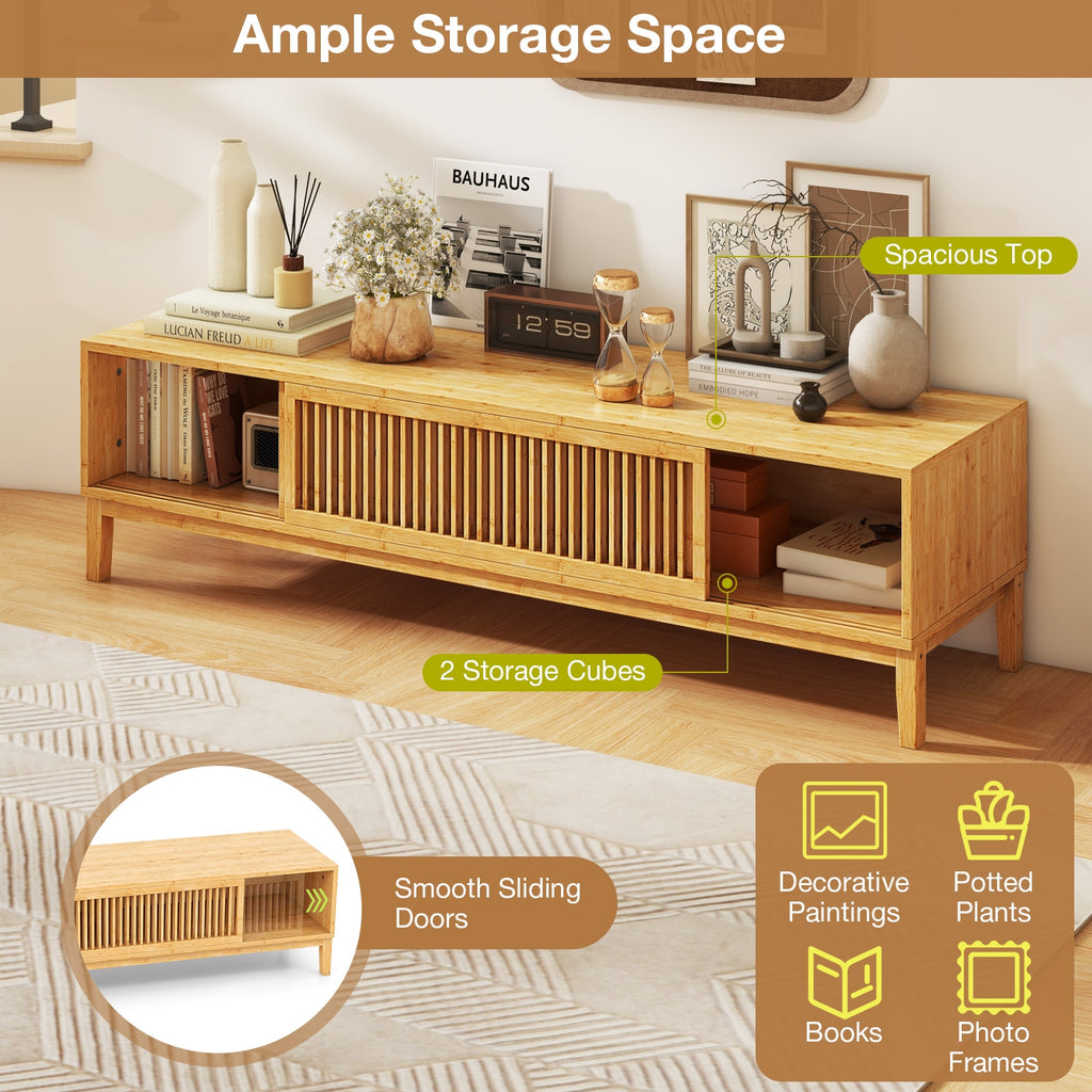 Bamboo TV Stand for TVs up to 65 Inches with Sliding Slatted Doors-Natural