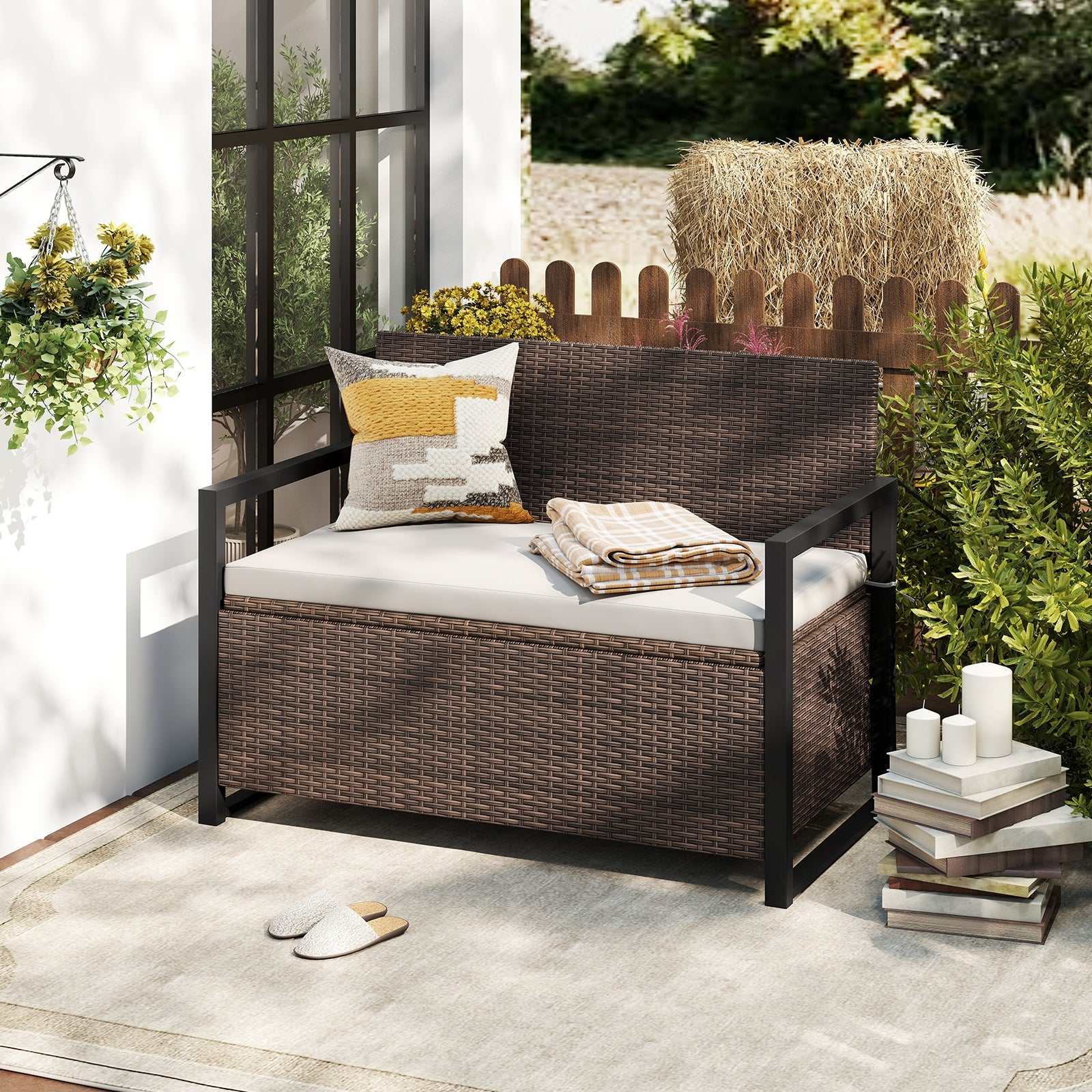 Banc de rangement pour terrasse - Mélange marron et blanc cassé
