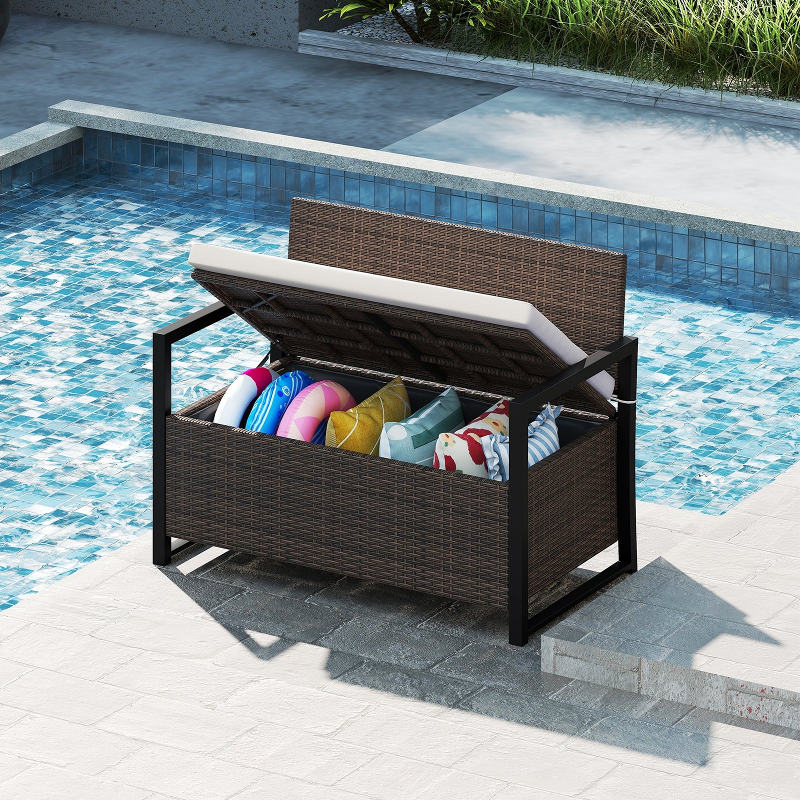 Banc de rangement pour terrasse - Mélange marron et blanc cassé