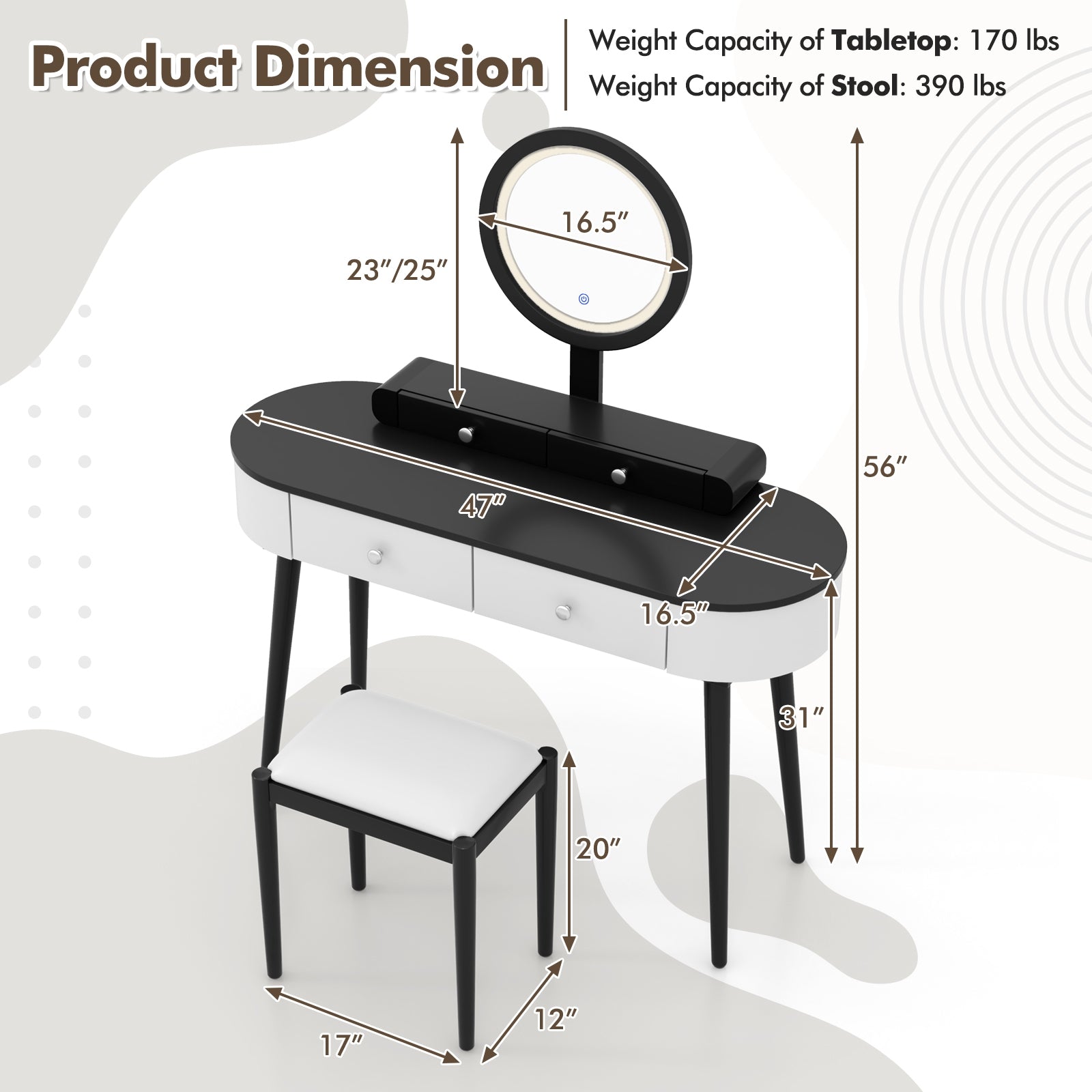Makeup Vanity Table Set with LED Mirror and 3 Spacious Drawers-White-Dark Wood