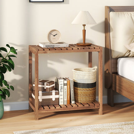 2/3-Tier Side Table Teak Wood Stand Utility Storage Shelf-2-tier