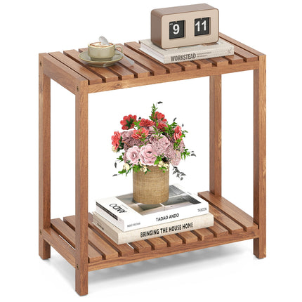2/3-Tier Side Table Teak Wood Stand Utility Storage Shelf-2-tier