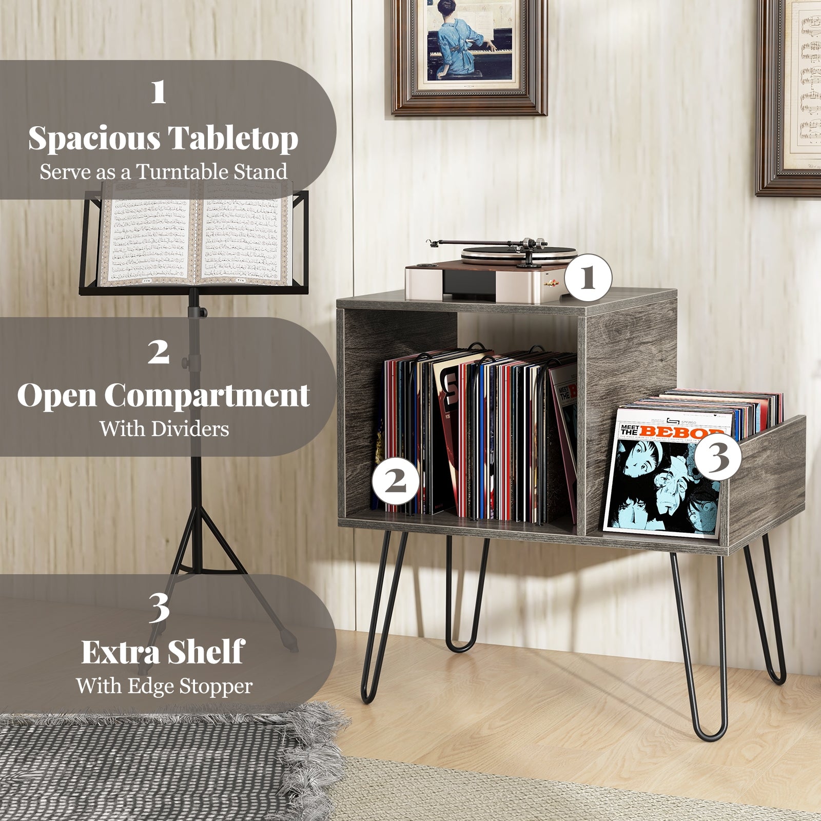 Mid-century Record Player Stand with Power Outlet and Vinyl Divider-Gray