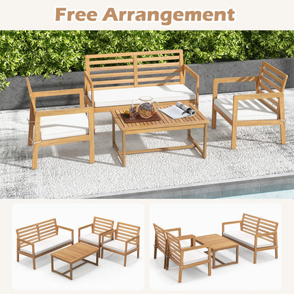 4 Piece Wood Patio Conversation Set with 2 Armchairs and Coffee Table-White