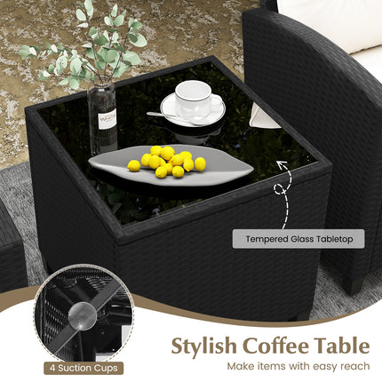 3 Pieces Patio Furniture Set with Tempered Glass Coffee Table-White