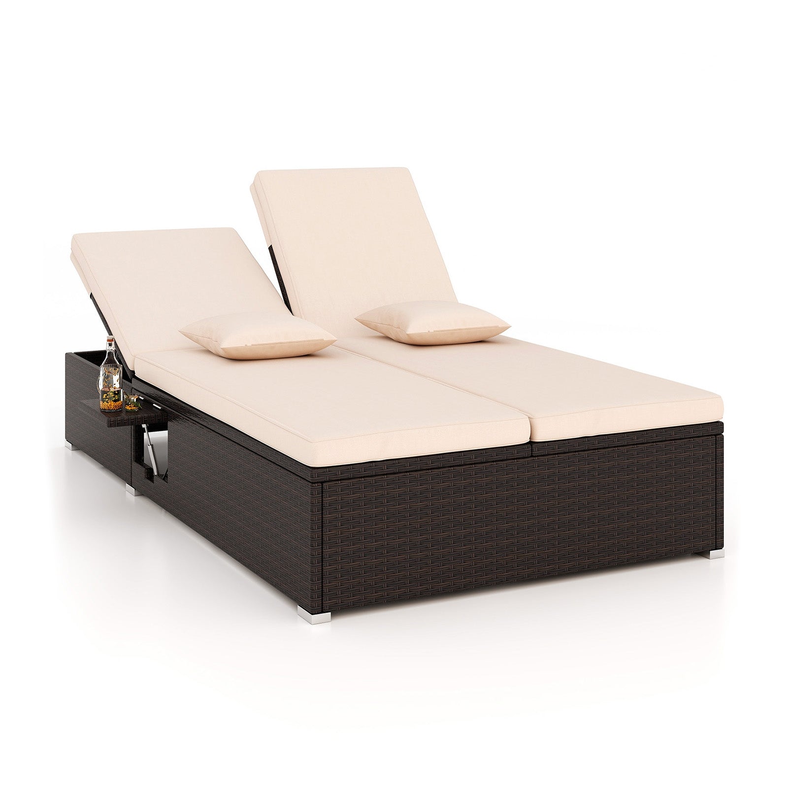 Bain de soleil double de patio avec coussins et tablettes latérales pliables – Beige