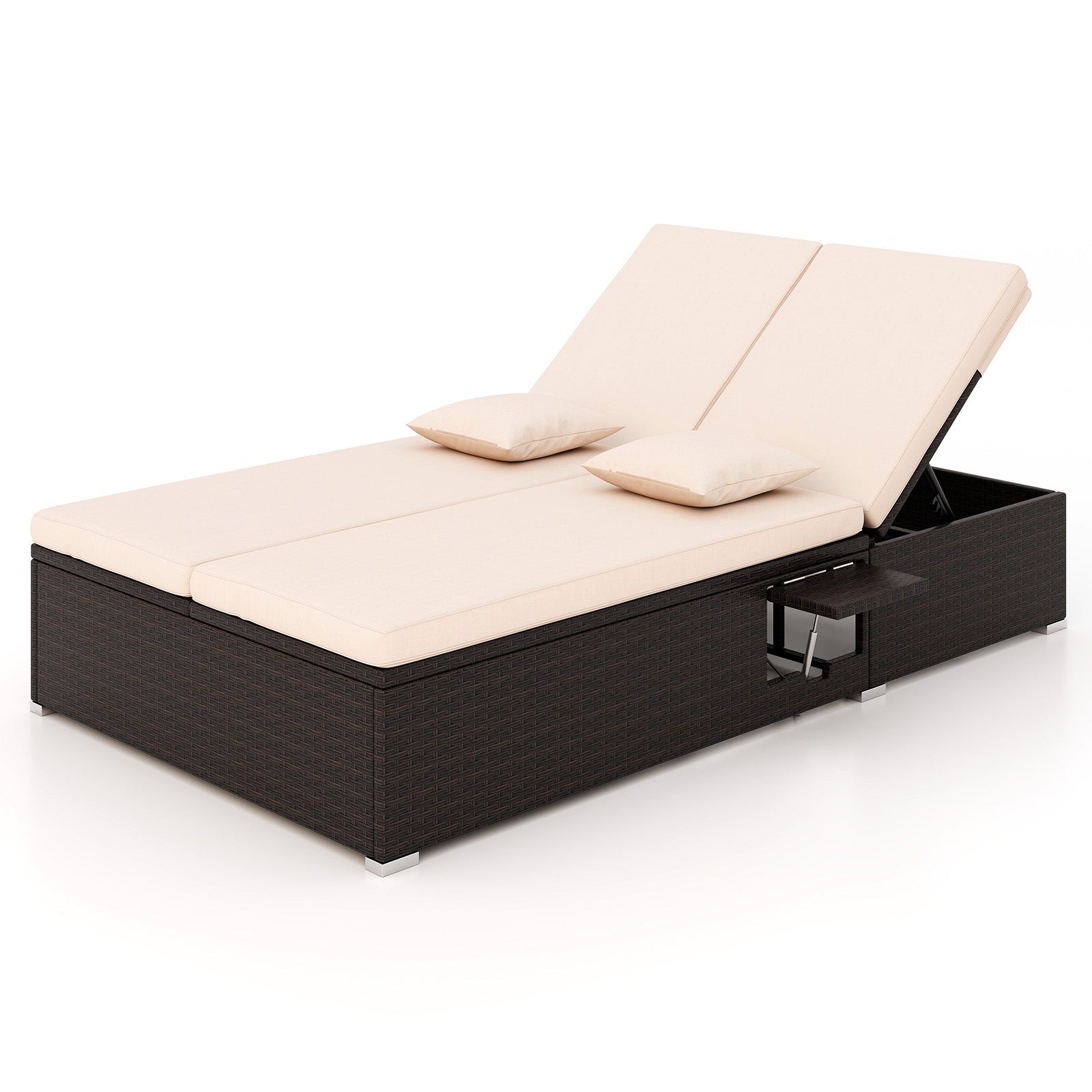 Bain de soleil double de patio avec coussins et tablettes latérales pliables – Beige