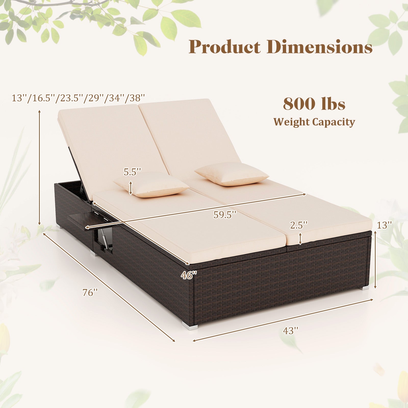 Bain de soleil double de patio avec coussins et tablettes latérales pliables – Beige