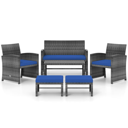 6 Pieces Patio Furniture Set Outdoor Sectional Conversation PE Rattan Sofa Set-Navy