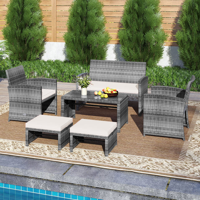 6 Pieces Patio Furniture Set Outdoor Sectional Conversation PE Rattan Sofa Set-White