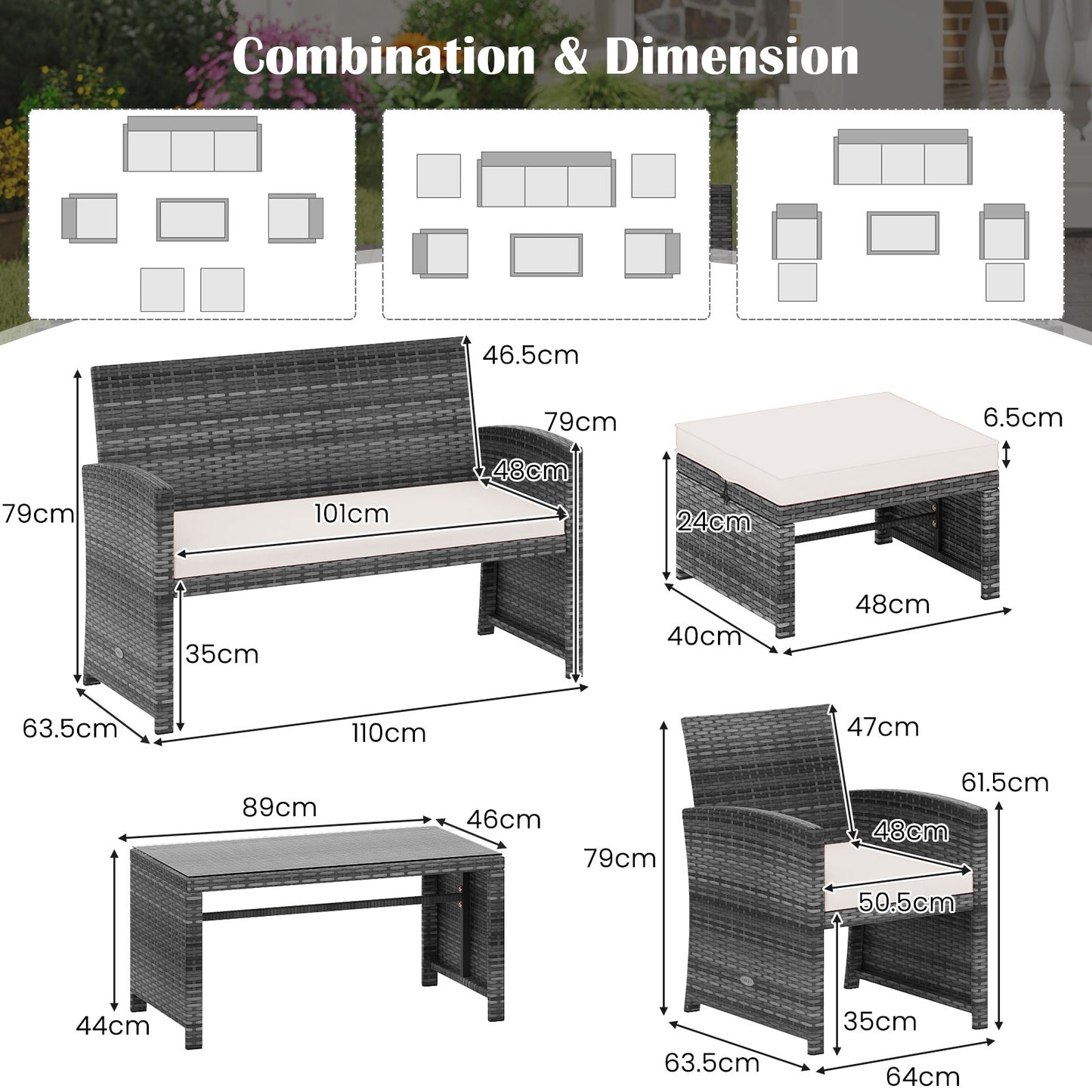 6 Pieces Patio Furniture Set Outdoor Sectional Conversation PE Rattan Sofa Set-White