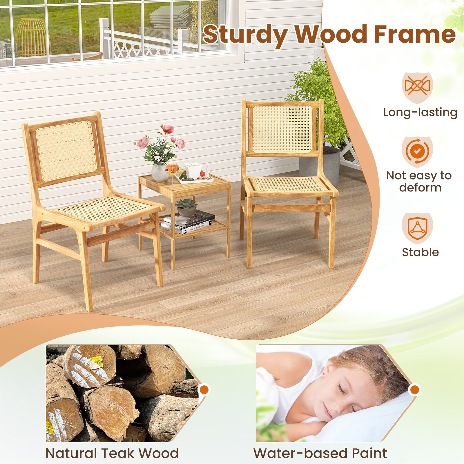 Rattan Dining Chair with Natural Cane Woven Backrest and Teak Wood Frame