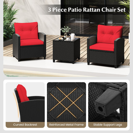 3 Pieces Patio Furniture Set with Tempered Glass Coffee Table-Red