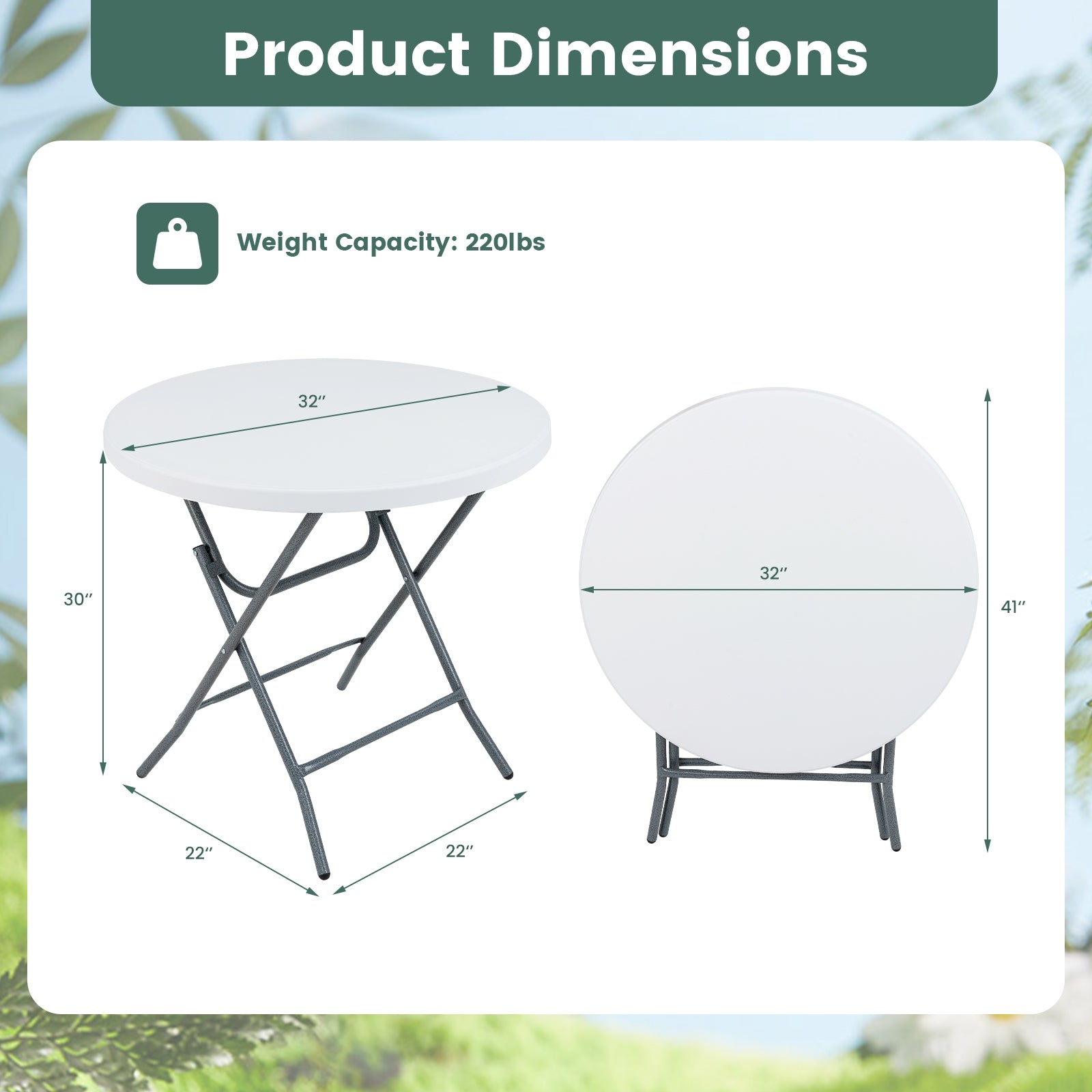 Table de pique-nique ronde pliable de 81 cm avec plateau épais