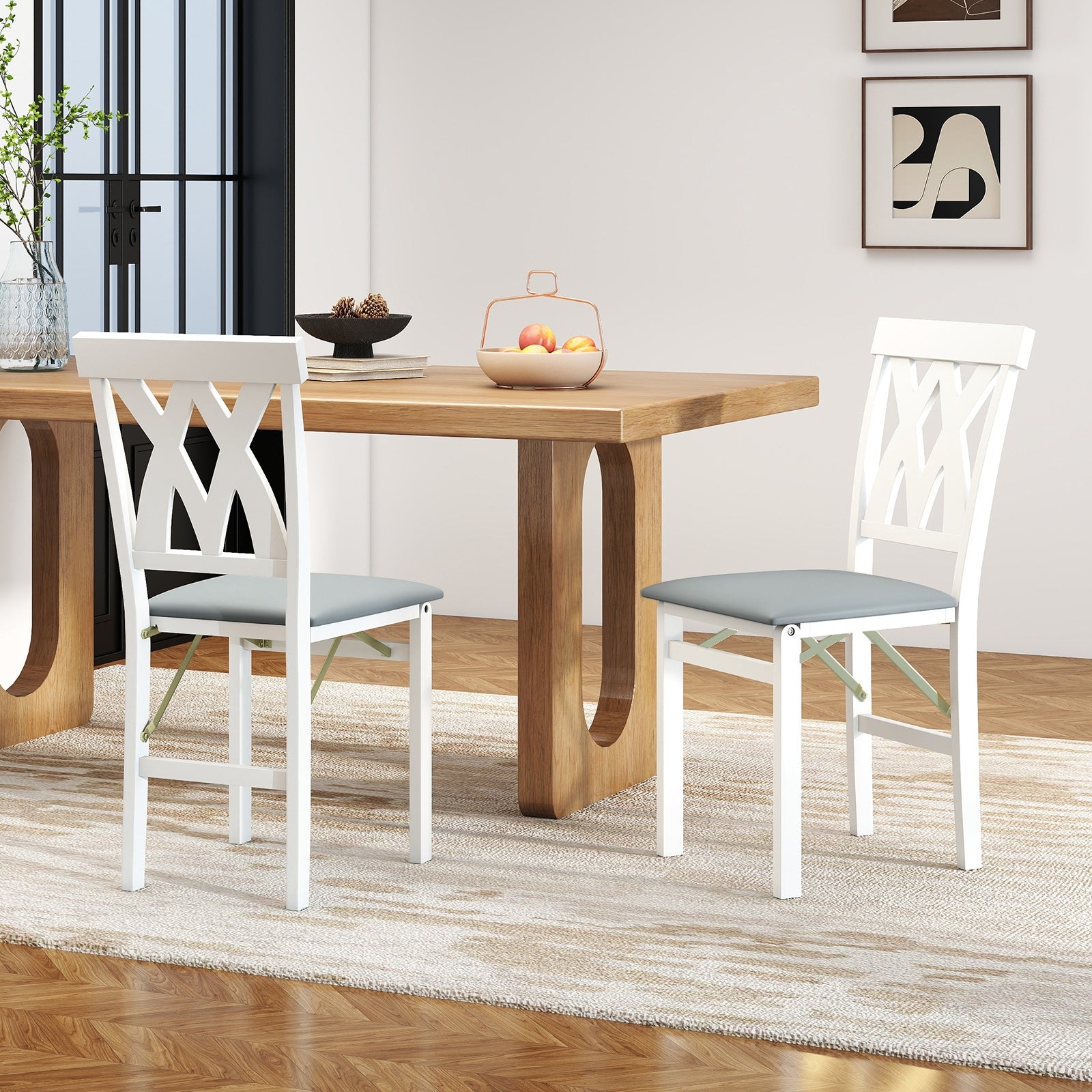 Folding Wooden Dining Chair Set of 2 Faux Leather Upholstered Kitchen Armless Chairs-White