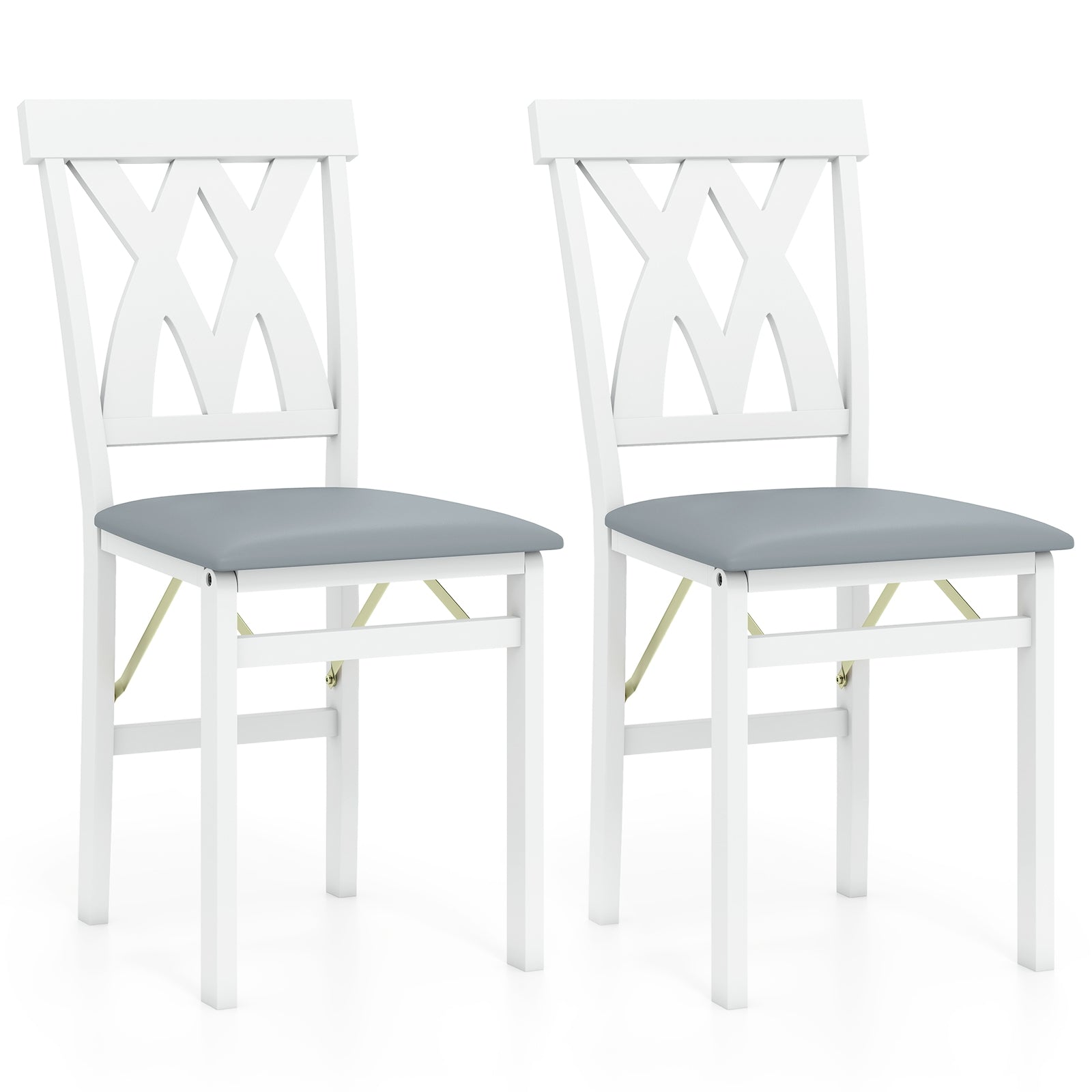 Folding Wooden Dining Chair Set of 2 Faux Leather Upholstered Kitchen Armless Chairs-White