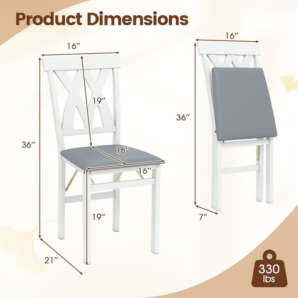 Folding Wooden Dining Chair Set of 2 Faux Leather Upholstered Kitchen Armless Chairs-White