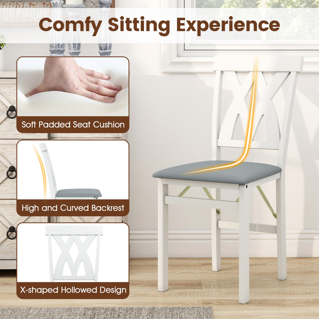 Folding Wooden Dining Chair Set of 2 Faux Leather Upholstered Kitchen Armless Chairs-White