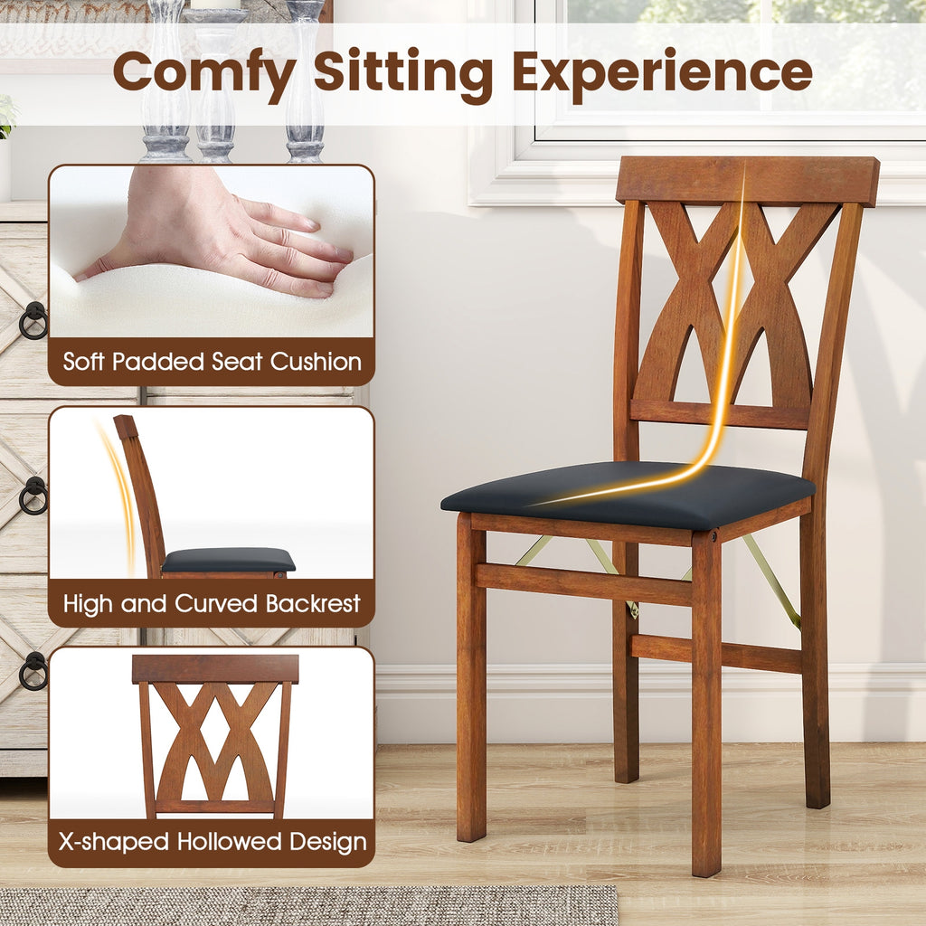 Folding Wooden Dining Chair Set of 2 Faux Leather Upholstered Kitchen Armless Chairs-Walnut