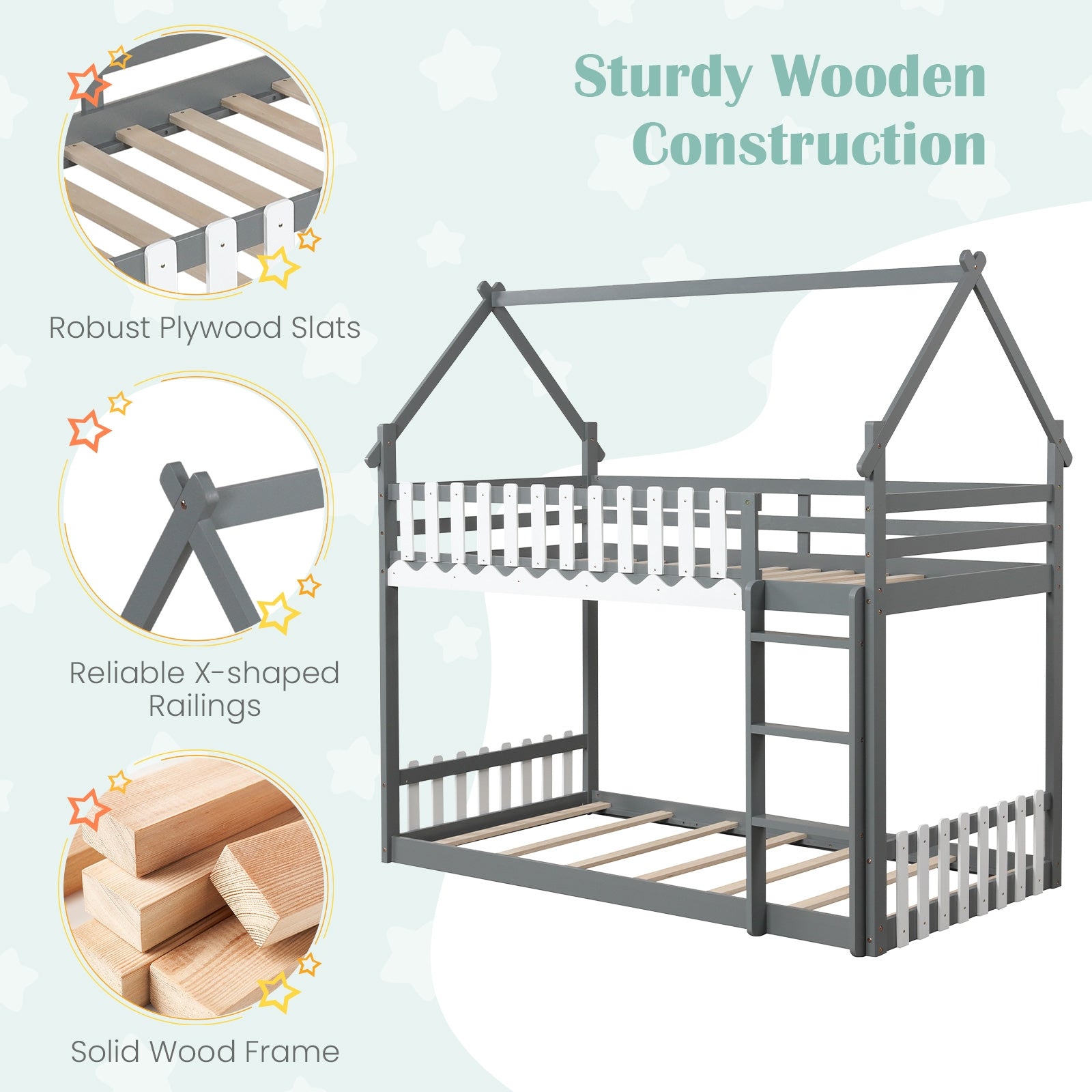 Twin Over Twin Bunk Bed with Fence and Ladder for Kids-Gray