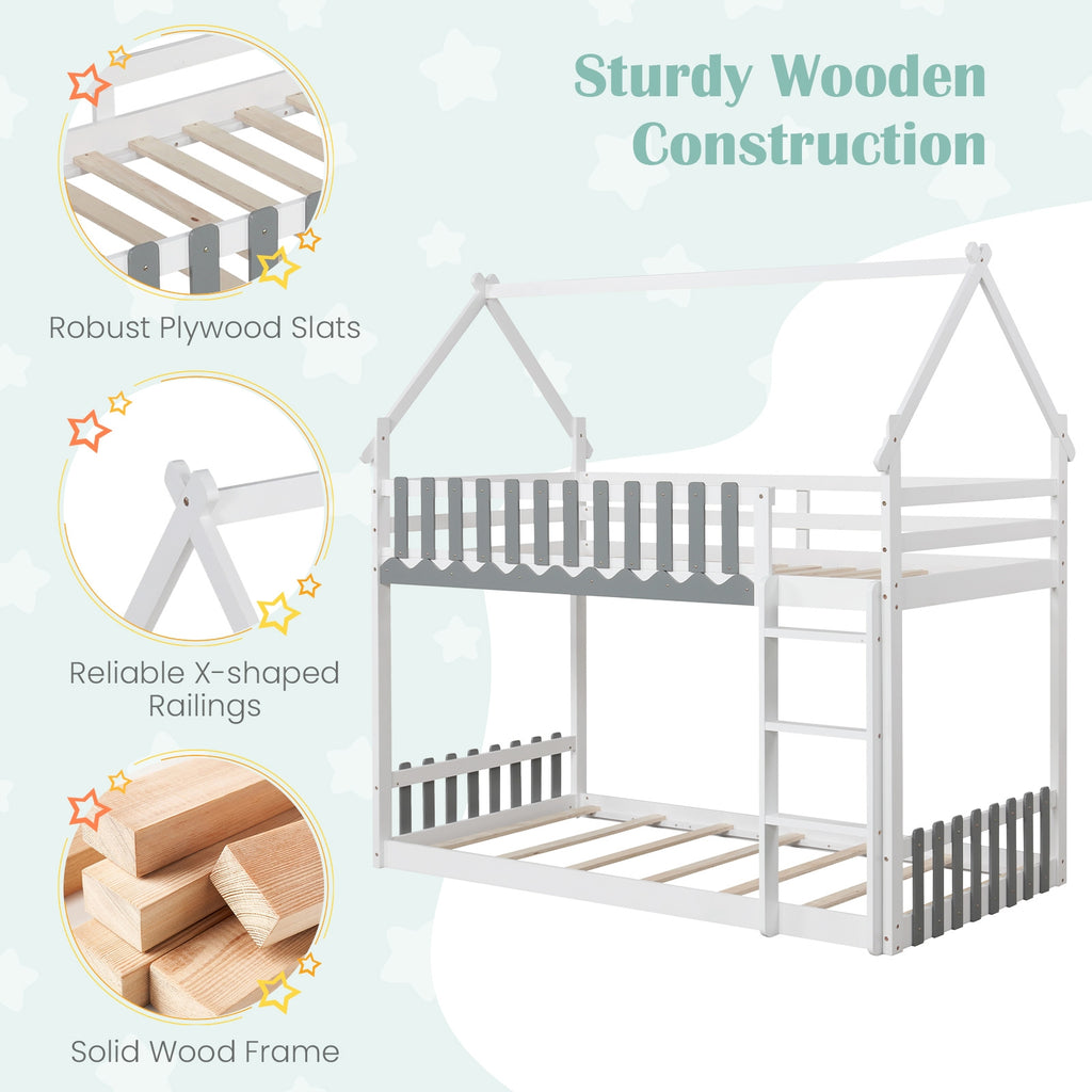 Twin Over Twin Bunk Bed with Fence and Ladder for Kids-White