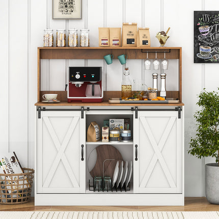 Farmhouse Coffee Bar Cabinet with Charging Station and Sliding Barn Doors-White