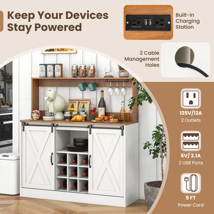 Farmhouse Coffee Bar Cabinet with Charging Station and Sliding Barn Doors-White