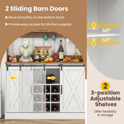 Farmhouse Coffee Bar Cabinet with Charging Station and Sliding Barn Doors-White