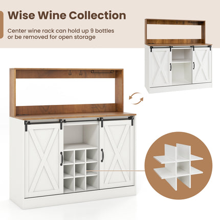 Farmhouse Coffee Bar Cabinet with Charging Station and Sliding Barn Doors-White