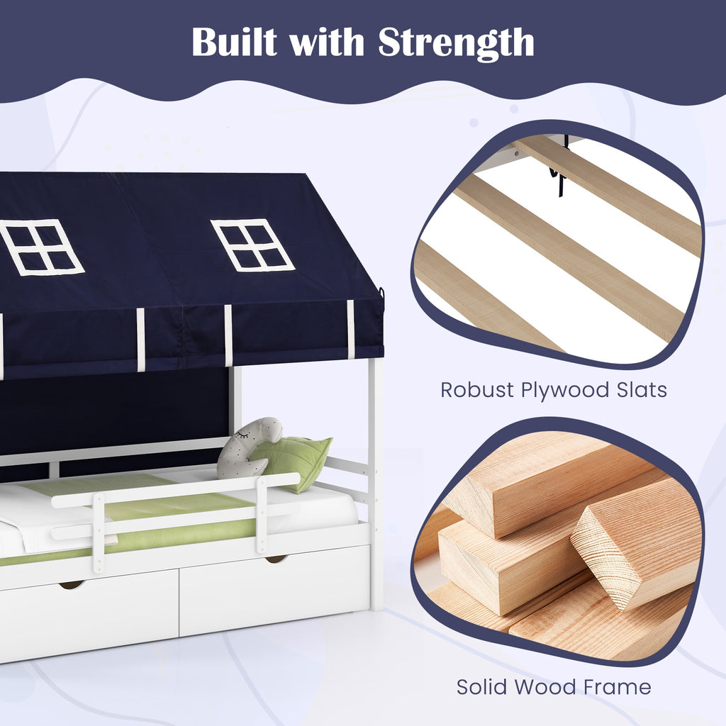 Twin House Bed with Tent and 2 Storage Drawers for Kids-White
