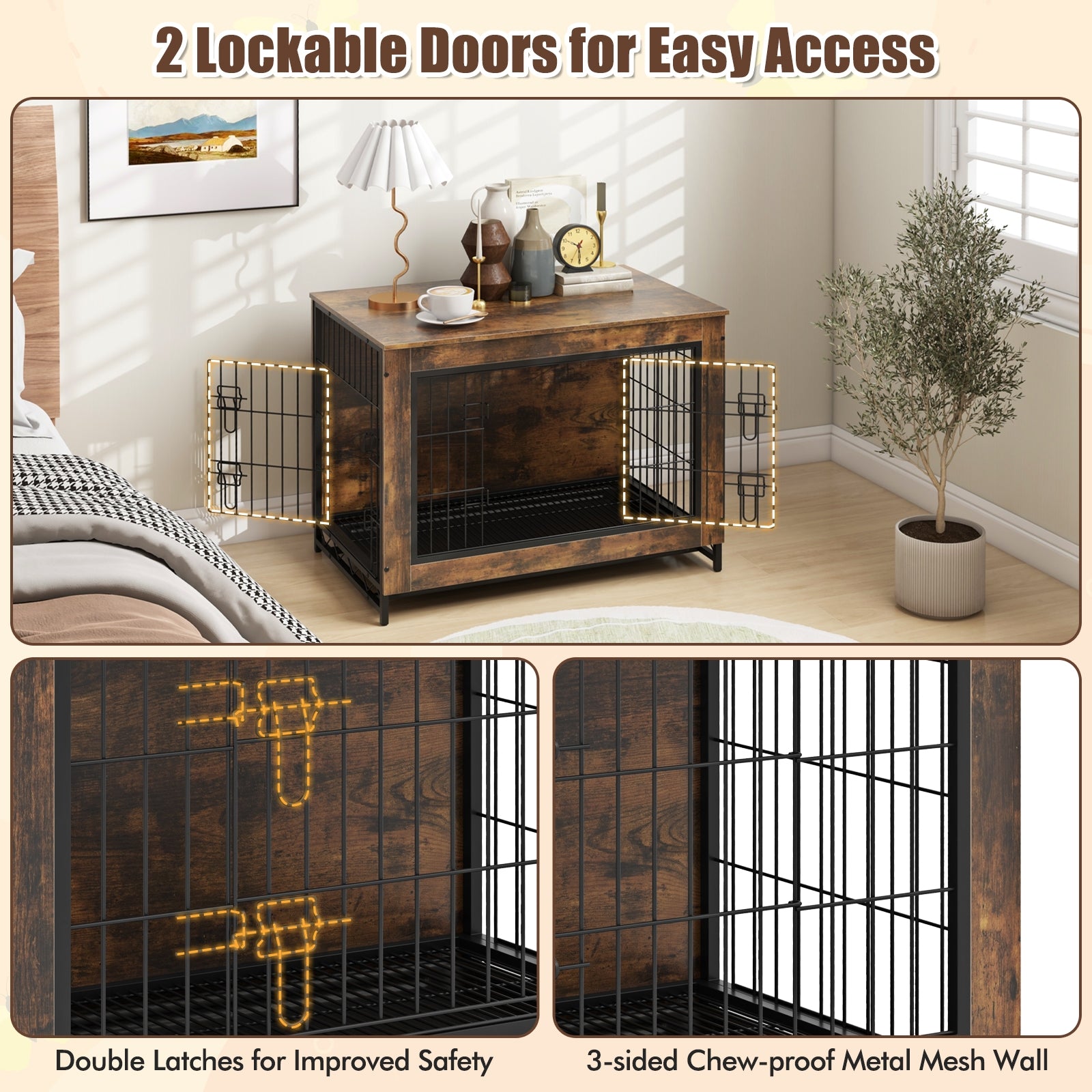 Dog Crate Furniture with Double Lockable Doors and Removable Pull-out Tray-M