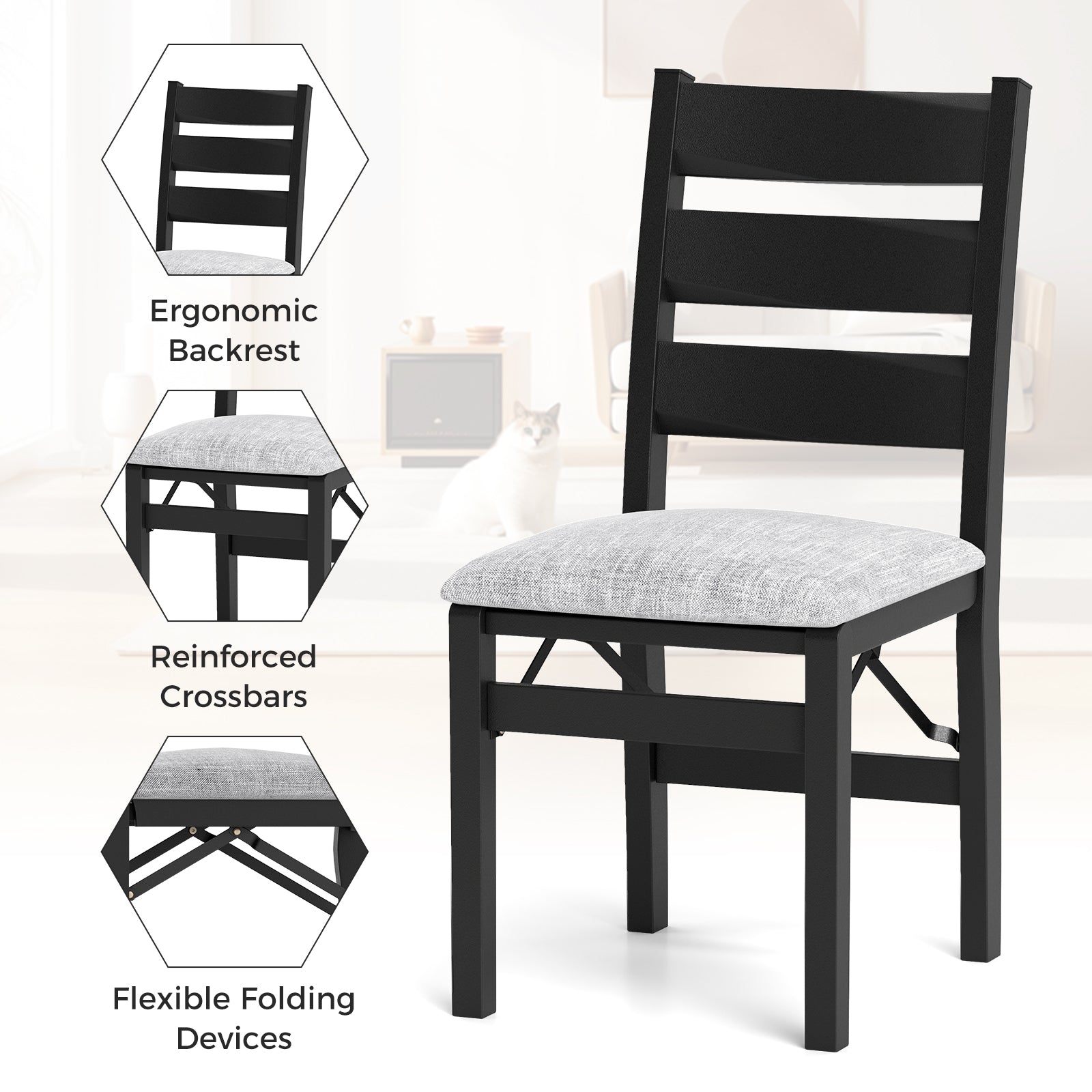 Modern Upholstered Folding Chairs Set of 2 with Comfy Backrest-Black