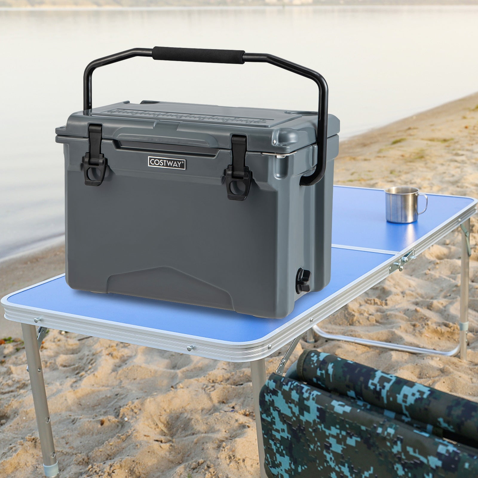 Glacière rigide 25 pintes avec poignée en aluminium et porte-gobelets intégrés - Grise