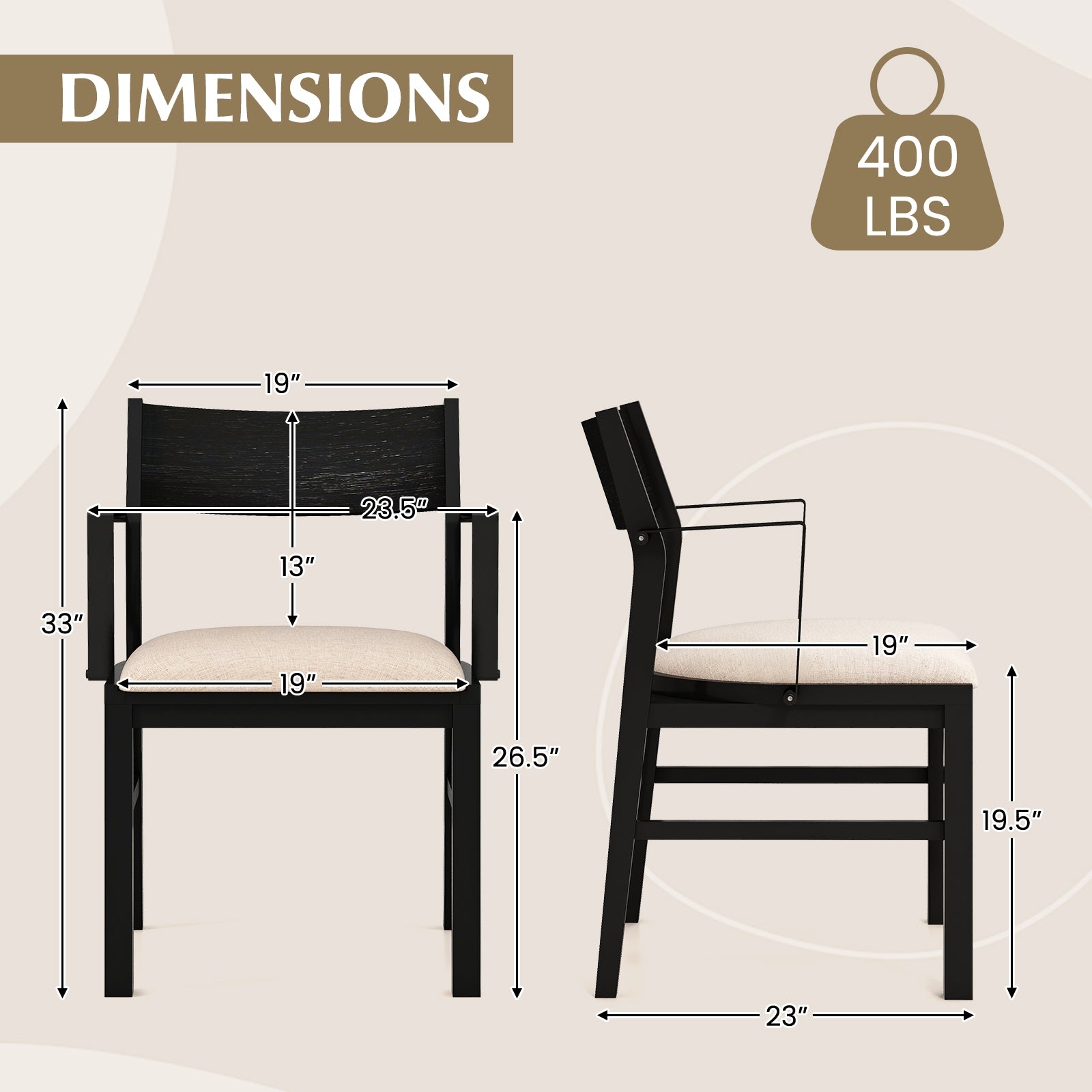 Dining Chair with Contoured Backrest and Padded Seat Set of 2-Beige